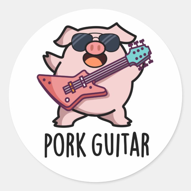 Pegatina Redonda Guitarra Porcina Funny Rock Guitar Pig Pun (Anverso)