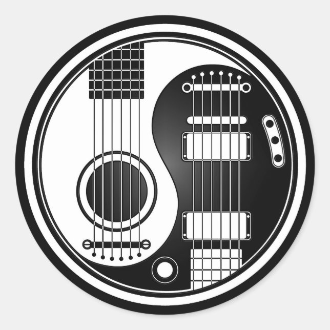 Pegatina Redonda Guitarras eléctricas acústicas blancas y negras Yi (Anverso)