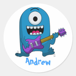 Pegatina Redonda Guitarrista azul lindo del monstruo