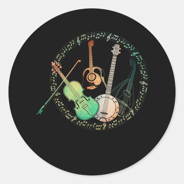 Pegatina Redonda Guitars Banjos Fiddle Mandolin Colorful Node Music (Anverso)