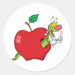 Pegatina Redonda Gusano feliz del dibujo animado en Apple