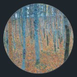 Pegatina Redonda Gustav Klimt Beech Tree Forest Grove<br><div class="desc">Se basa en obras de arte clásicas de pintura natural de Gustav Klimt, Beech Grove 1, 1902. La obra representa un denso bosque de abedules altos y delgados, con troncos pálidos marcados por líneas oscuras y verticales. El follaje está pintado en tonos azules, verdes y amarillos, lo que añade una...</div>