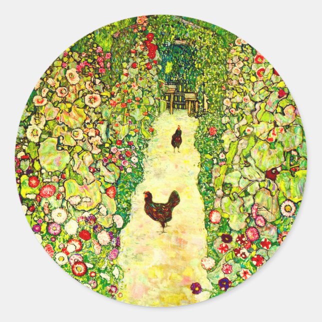 Pegatina Redonda Gustav Klimt Garden con pollos (Anverso)
