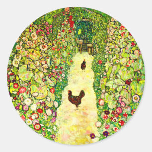 Pegatina Redonda Gustav Klimt Garden con pollos