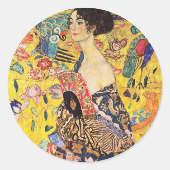 Pegatina Redonda Gustav Klimt Lady Con Ventilador (Anverso)