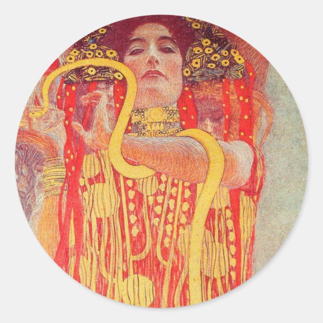 Pegatina Redonda Gustav Klimt Red Woman Gold Snake Pintura (Anverso)