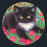 Pegatina Redonda Gustav Klimt Tuxedo Cat<br><div class="desc">Pegatinas con un gato Gustav Klimt tuxedo! Este bonito gatito blanco y negro se encuentra en un campo de flores rojas,  azules,  blancas y naranjas. ¡Un regalo increíble para los amantes del gato y del arte austriaco!</div>