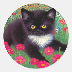 Pegatina Redonda Gustav Klimt Tuxedo Cat