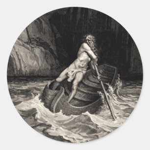 Pegatina Redonda Gustave Doré - Caron Rowing/Dante's Inferno