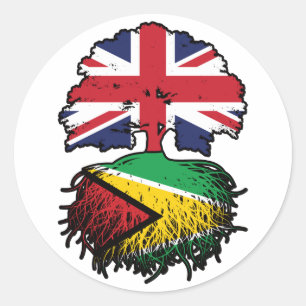 Pegatina Redonda Guyana Guyanés Reino Unido Árbol con bandera