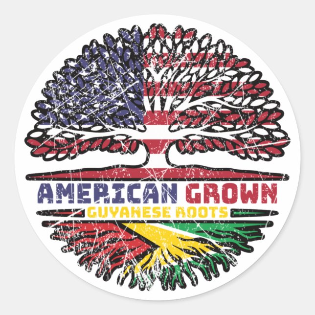 Pegatina Redonda Guyana Guyanesa EE. UU. EE. UU. Árbol de Estados U (Anverso)