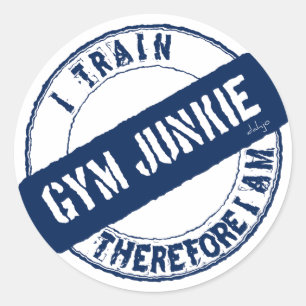 Pegatina Redonda GYM JUNKIE. ENTRETENGO POR LO TANTO QUE SOY. azul