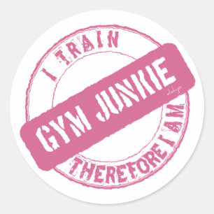 Pegatina Redonda GYM JUNKIE. ENTRETENGO POR LO TANTO, SOY rosado.