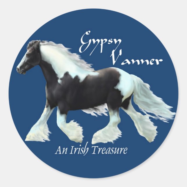 Pegatina Redonda Gypsy Vanner, un tesoro irlandés (Anverso)
