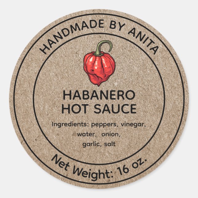 Pegatina Redonda Habanero Hot Sauce Canning Jar Label Kraft (Anverso)