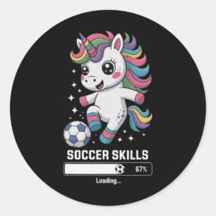 Pegatina Redonda Habilidades de fútbol de unicornio lindo cargando