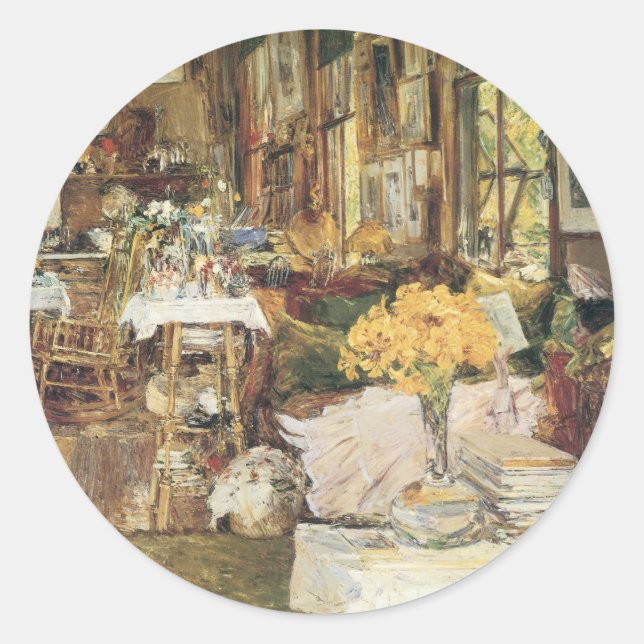 Pegatina Redonda Habitación de flores de Childe Hassam, Bella Artes (Anverso)
