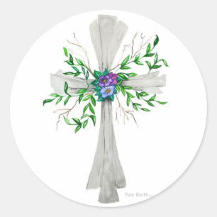 Pegatina Redonda Habla Jesús cruz gris con flores