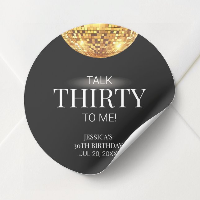 Pegatina Redonda Hablar 30 para mí negro y oro 30 cumpleaños (Talk Thirty to Me Black and Gold 30th Birthday Classic Round Sticker)