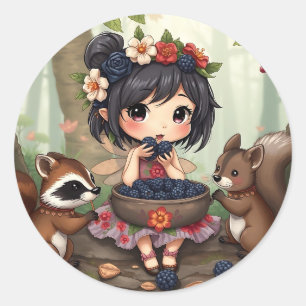 Pegatina Redonda Hada Chibi Comiendo Moras con Amigos del Bosque
