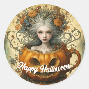 Pegatina Redonda Hada de Halloween en una taza de té