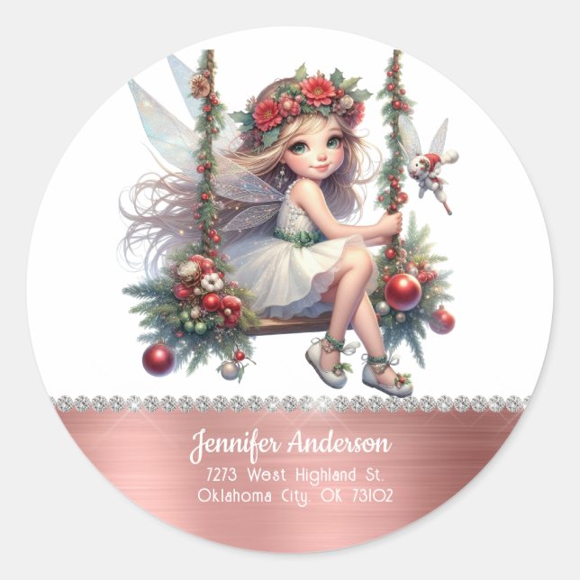 Pegatina Redonda Hada de Navidad en Acuarela (Anverso)