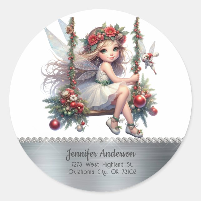 Pegatina Redonda Hada de Navidad en Acuarela  (Anverso)