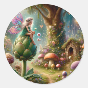 Pegatina Redonda Hada sentada en una Ilustración Mágica de Artichok