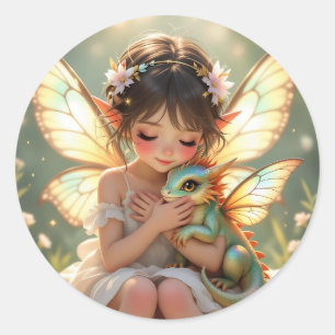 Pegatina Redonda Hada y Dragón Chibi Cuento de Hadas Anime