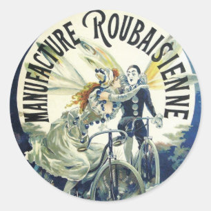 Pegatina Redonda Hadas Art Nouveau Vintage, Pierrot Luna Ciclista