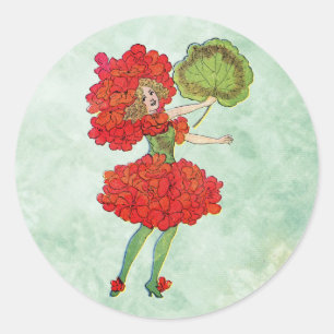 Pegatina Redonda hadas de flor de geranio rojo
