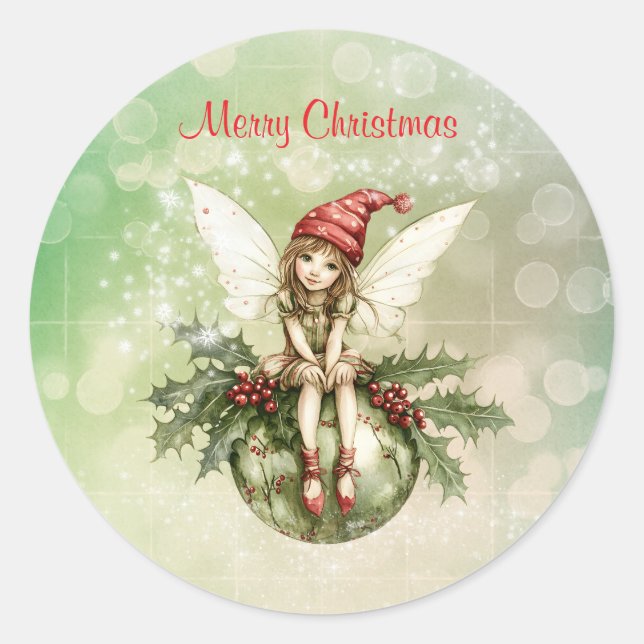 Pegatina Redonda Hadas Navidades escuetas en un ornamento (Anverso)