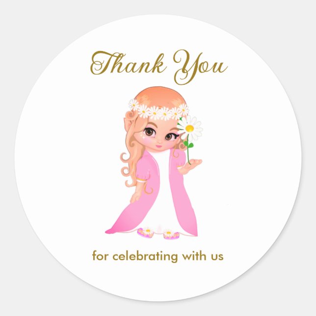 Pegatina Redonda Hadas y flores en blanco gracias (Anverso)