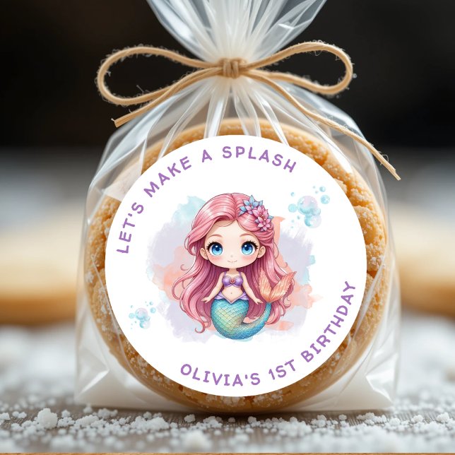 Pegatina Redonda Hagamos una fiesta de cumpleaños de sirena para lo (Let's Make a Splash Girls Mermaid Birthday Party Classic Round Sticker
)