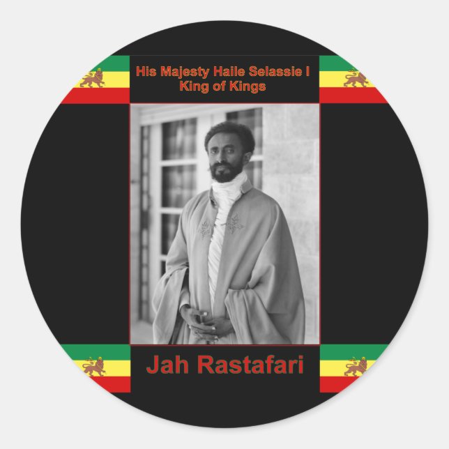 Pegatina Redonda Haile Selassie, león de Judá, Jah Rastafari (Anverso)