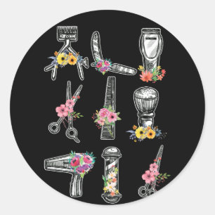Pegatina Redonda Hair Stylist Barber Tools Floral