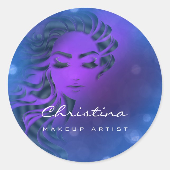 Pegatina Redonda Hair Stylist Makeup Artist Blue Eyelash Purple (Anverso)