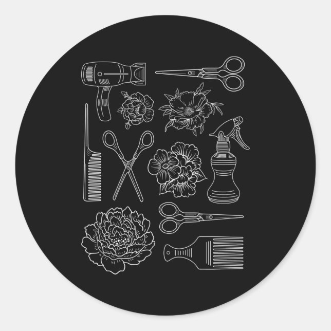 Pegatina Redonda Hairdresser Hair Stylist Barber Tools Floral (Anverso)