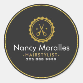 Pegatina Redonda HairStylist Logotipo-Tijeras y Círculo dorados