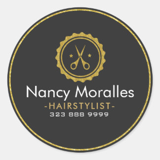 Pegatina Redonda HairStylist Logotipo-Tijeras y Círculo dorados
