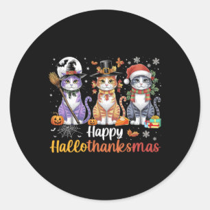 Pegatina Redonda Hallothanksmas Cats Halloween Día de Acción de Gra