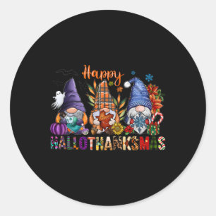 Pegatina Redonda Hallothanksmas Gnomes Halloween Día de Acción de G