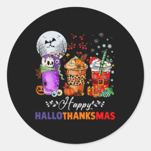 Pegatina Redonda Hallothanksmas Gnomes Halloween Día de Acción de G