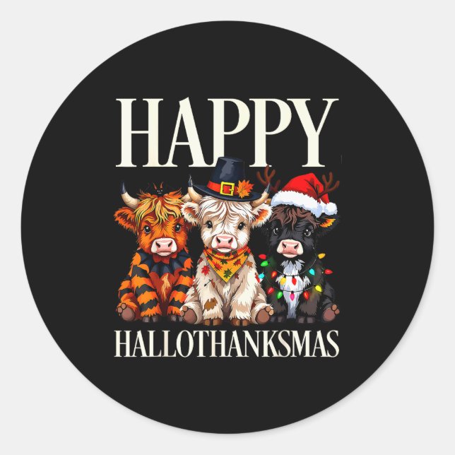 Pegatina Redonda Hallothanksmas Highland Cow Halloween Thanksgiving (Anverso)