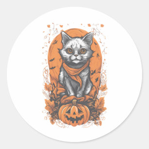 Pegatina Redonda Halloween 3 gatitos, jack-o-lantern, regalo, gatit