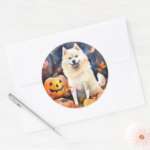 Pegatina Redonda Halloween American Akita con calabazas aterradoras