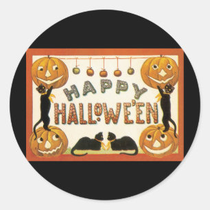 Pegatina Redonda Halloween antiguo, gatos negros con Jackolanterns