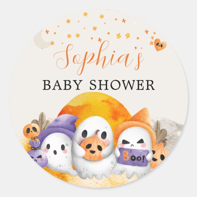 Pegatina Redonda Halloween Baby Shower cuece pequeño fantasma (Anverso)