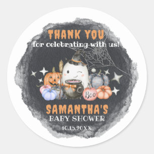 Pegatina Redonda Halloween Baby Shower Little Boo Pumpkin Gracias