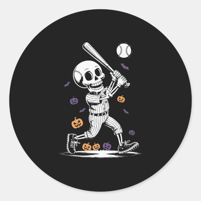 Pegatina Redonda Halloween Baseball Skeleton Hitting (Anverso)